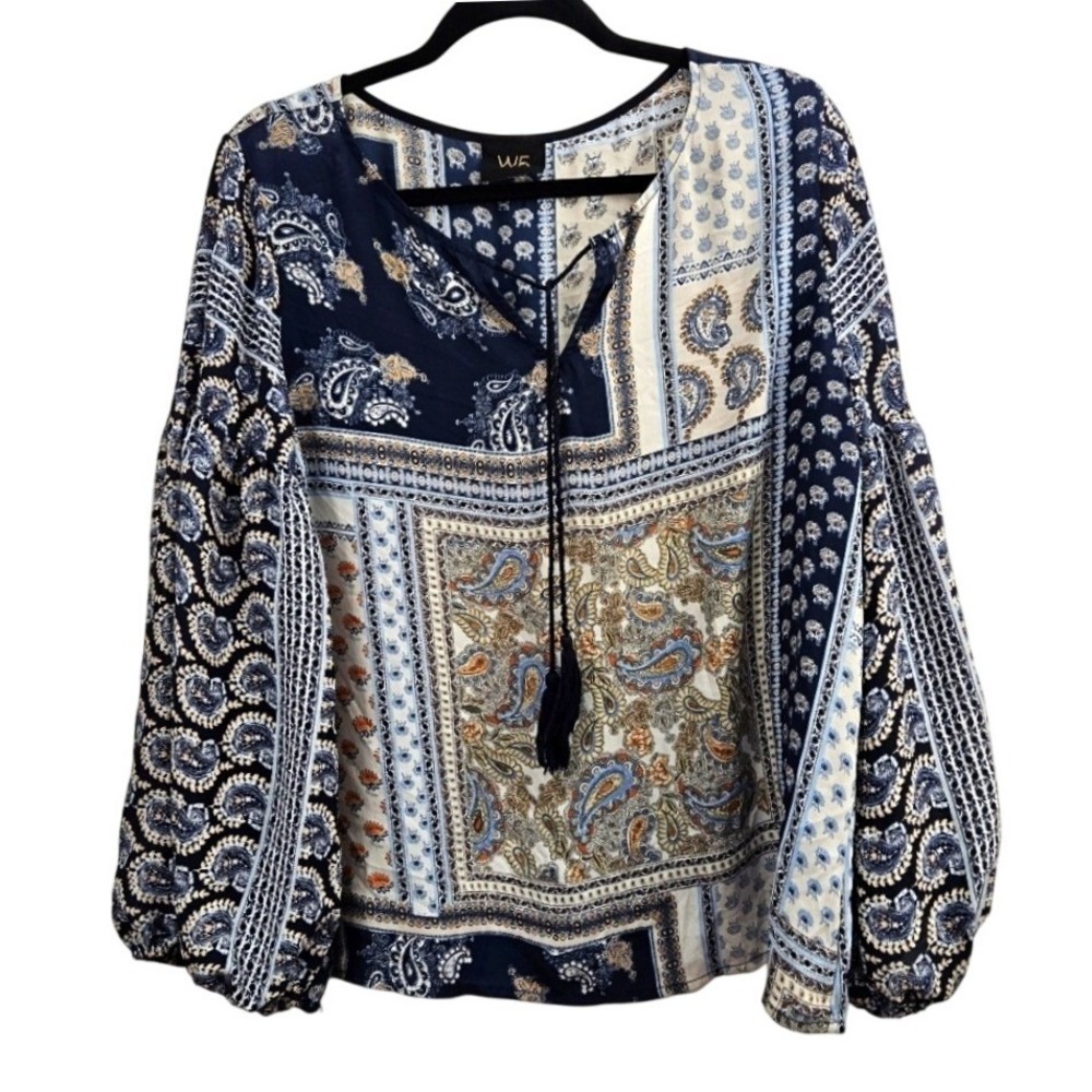 W5 Womens Boho Patchwork Paisley Balloon Sleeve Tassel Tie Blouse Navy XL